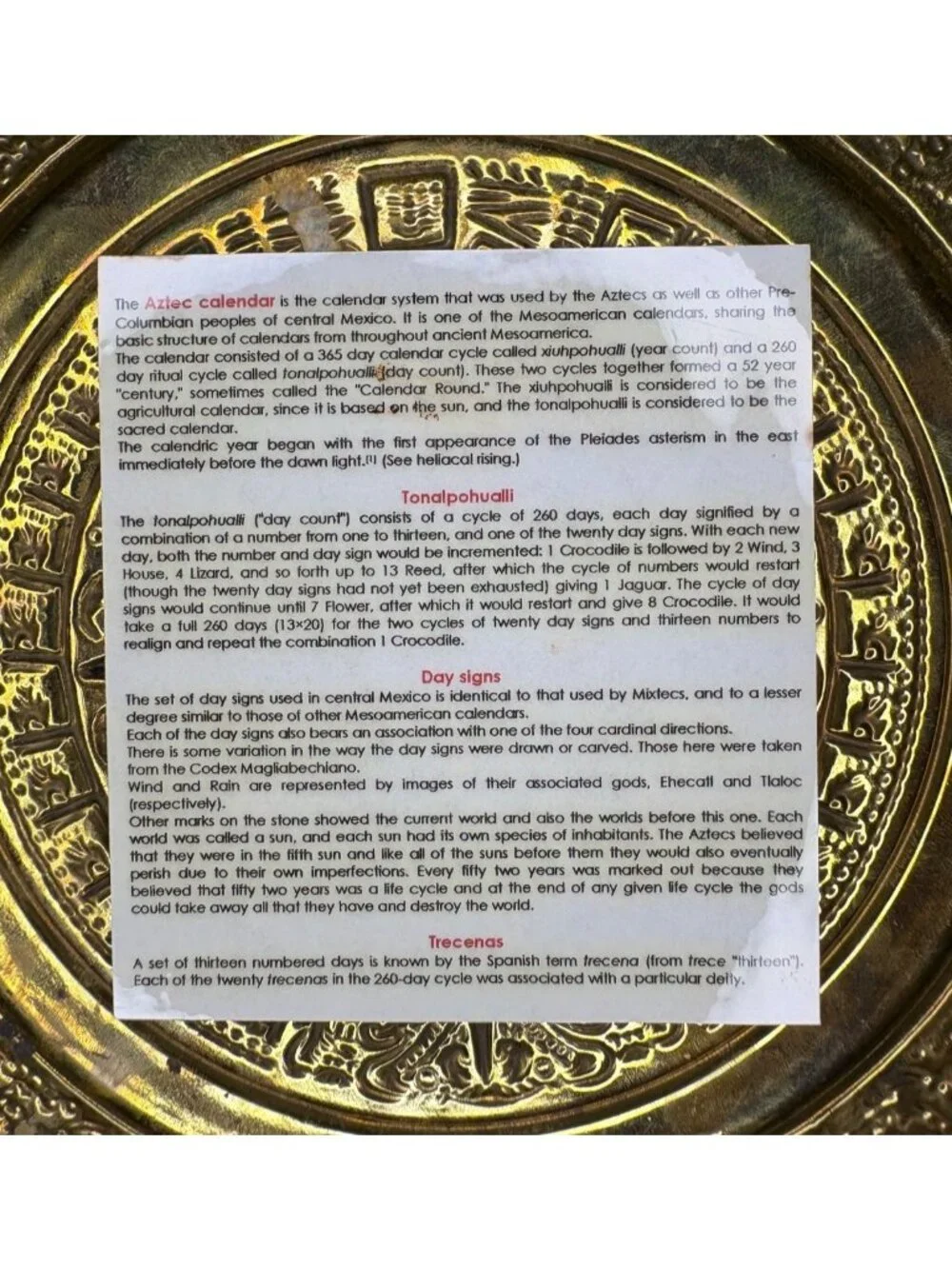Vintage Mayan Aztec Sun Calendar Plate Brass Enamel Mexico Intricate Raised Art